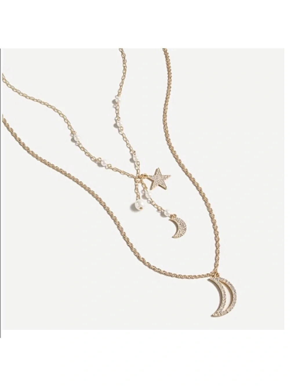 J. Crew Celestial Charm Gold Star & Moon Layered Necklace with Pearl Accents